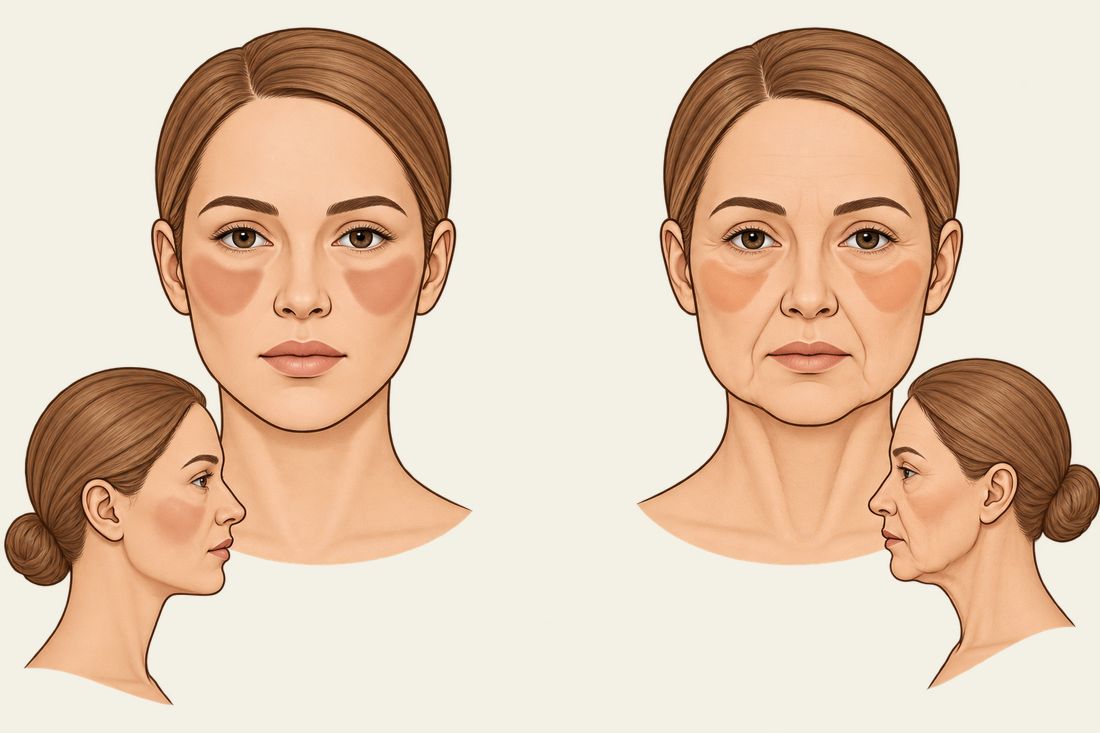 Ilustração de um rosto jovem e do mesmo rosto mais velho